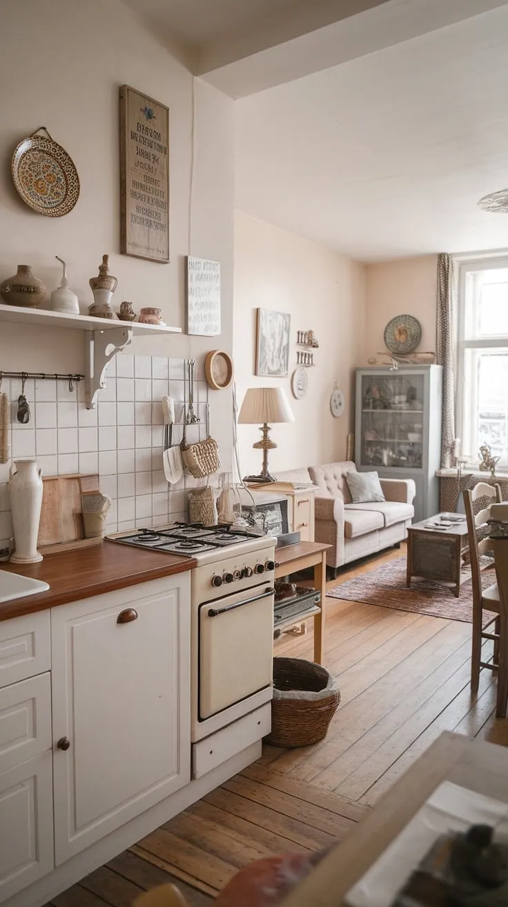 This delightful shabby chic apartment offers a unique blend of vintage charm and modern living. The vintage kitchen, with its white cabinets and wooden countertop, is a focal point, showcasing the home's character and attention to detail. A truly inviting space, full of warmth and personality.