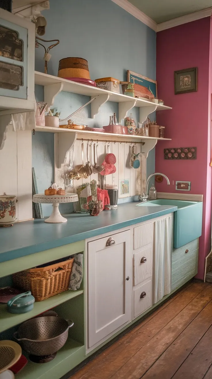 Step back in time in this charming shabby chic kitchen, where a splash of blue paint, a cheerful green countertop, and vintage finds like the cake stand and colander create a warm and inviting atmosphere. The white cabinets offer a clean contrast, while the wooden floors add to the home's rustic appeal. This space is a testament to the beauty of curated imperfection.