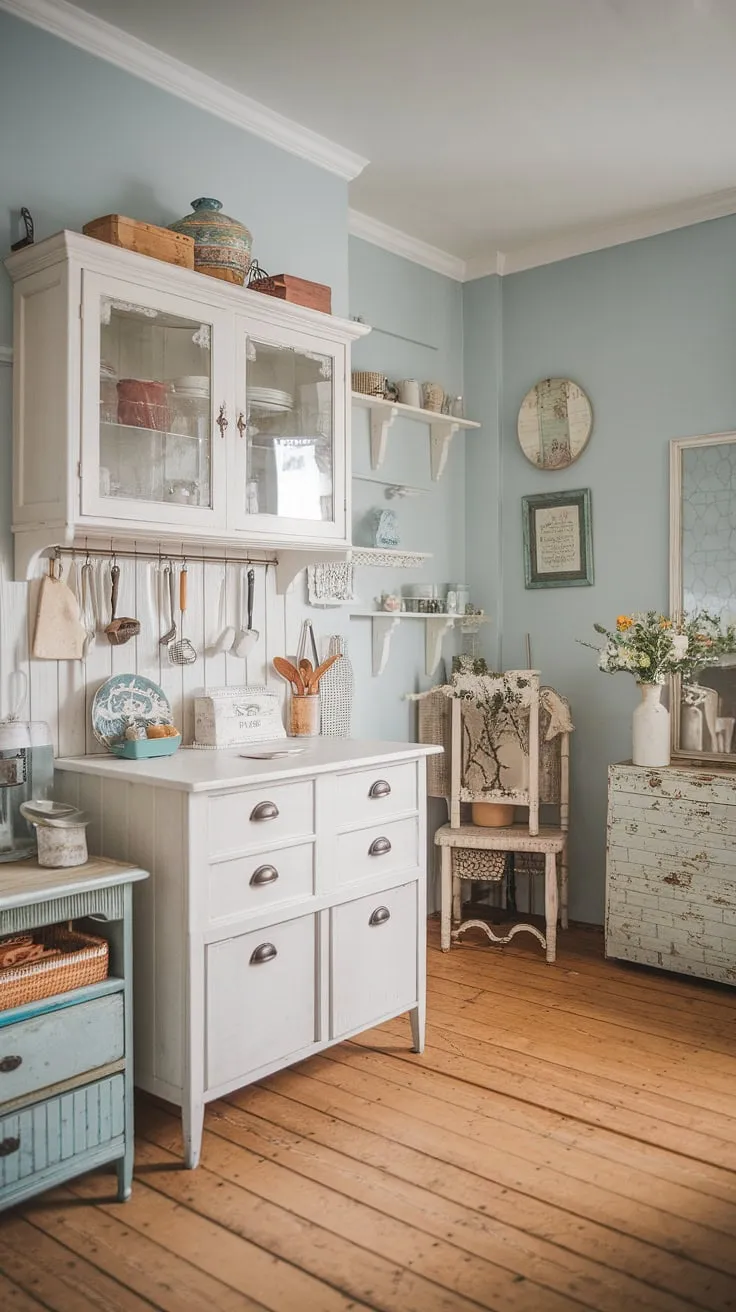 Step into a world of charming imperfection where vintage finds and DIY projects create a cozy haven. The light blue walls and antique furniture whisper tales of bygone eras, while the wooden floors add a touch of rustic warmth. This shabby chic apartment is a testament to the beauty of handcrafted details and a love for all things vintage.