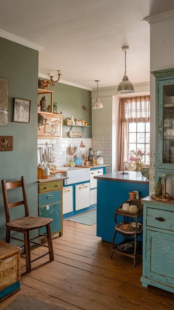 This vintage apartment whispers stories of cozy evenings and cherished memories. A delightful cottage kitchen, painted in cheerful hues of green and blue, anchors the space, its white cabinets and antique furniture pieces creating a unique and inviting atmosphere. The warm lighting and wooden floors add to the overall sense of home. A truly enchanting retreat.