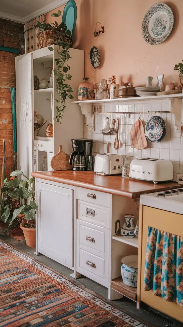 This colorful kitchen is a delightful mix of vintage charm and modern convenience. The white cabinetry provides a clean backdrop for the wooden countertop, showcasing a curated collection of kitchen essentials and decorative pieces. A truly unique space, brimming with personality and warmth, it's the heart of a home filled with character.