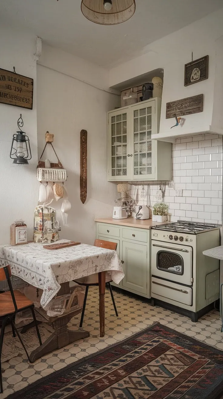 This quaint apartment whispers stories of bygone eras. A testament to the beauty of imperfection, the space showcases a delightful mix of vintage finds and shabby chic elements. The green cabinet door is a delightful focal point, complemented by the patterned rug and charming table setting. A truly unique and captivating home.
