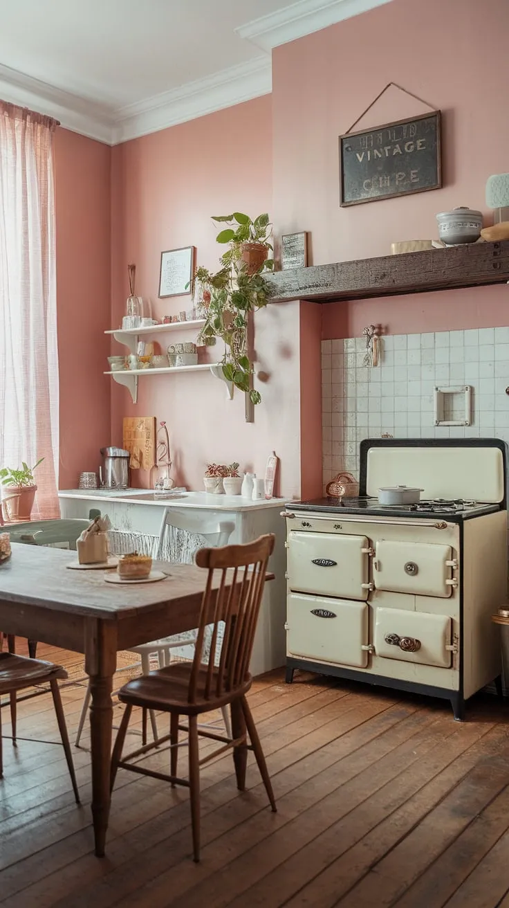 Step into this charming shabby chic apartment, where a vintage cottage kitchen whispers tales of simpler times. The soft pink walls, wooden floors, and rustic details create a space brimming with warmth and character; a perfect blend of old-world charm and modern comfort. A testament to the beauty of embracing the past.