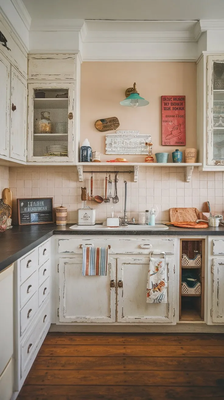 This shabby chic kitchen is a delightful blend of vintage charm and modern functionality. The distressed white cabinets, beige backsplash, and dark countertops create a warm and inviting atmosphere, perfectly complemented by the colorful accents and vintage light fixture. A testament to the beauty of embracing imperfection and celebrating the past.