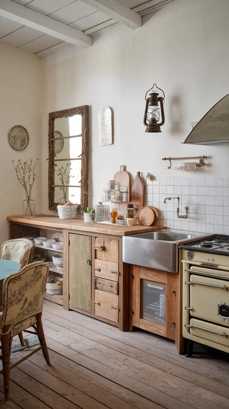 Step back in time in this charming shabby chic apartment. The vintage kitchen, complete with a rustic wooden countertop and a gleaming stainless steel sink, is the heart of this home, warmed by the glow of a vintage lantern and the comforting presence of a floral-patterned chair. A unique branch-framed mirror adds a touch of whimsical elegance. This space perfectly blends rustic charm with modern comfort, creating a haven of tranquility.