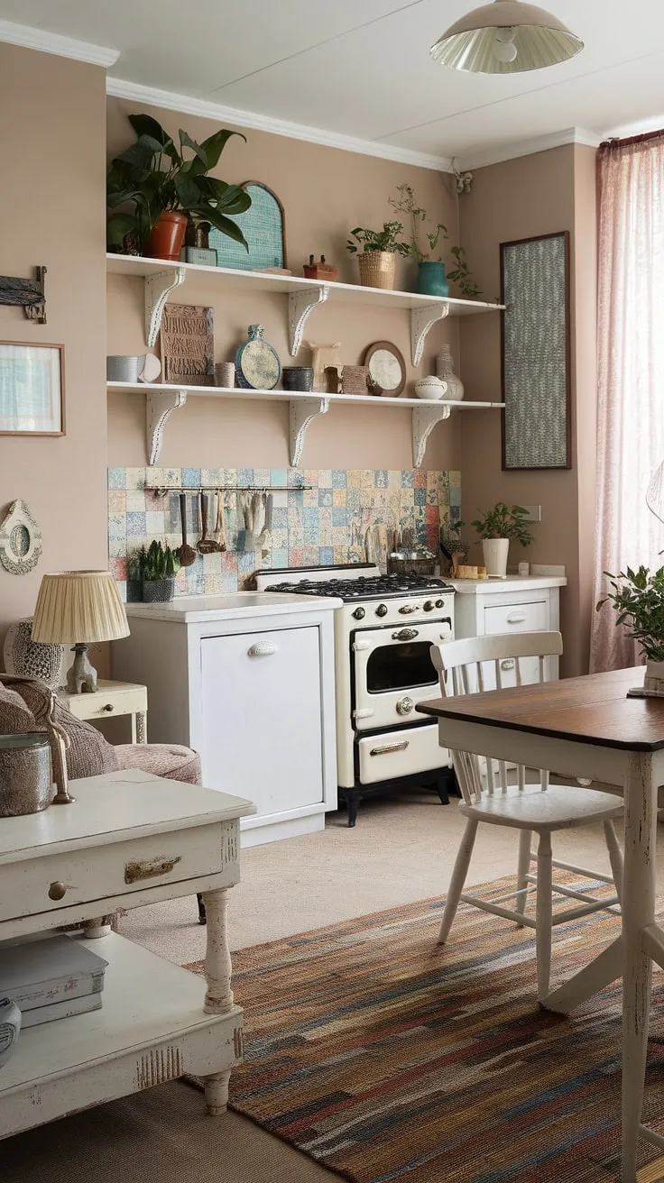 Step into a world of charming imperfection; this shabby chic apartment whispers stories of vintage elegance and cozy comfort. The aged details, from the colorful kitchen backsplash to the distressed white furniture, create a space that's both beautiful and effortlessly lived-in. A perfect blend of rustic charm and modern convenience.
