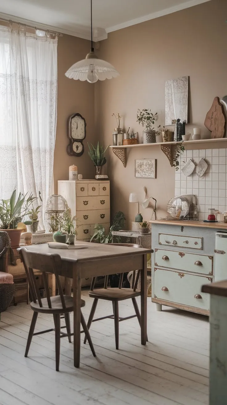 Sunlight streams through the window, illuminating the charming details of this shabby chic kitchen; a testament to the beauty found in aged wood, vintage finds, and the comforting presence of home. The worn wooden table, adorned with a vase of wildflowers, invites lingering conversations and quiet moments. A perfect blend of rustic charm and lived-in comfort.