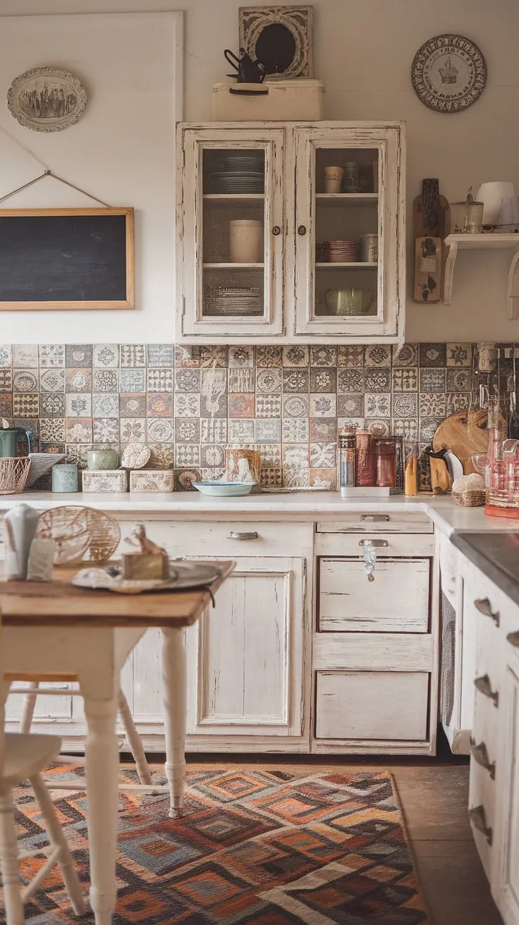 This quaint kitchen is a haven of shabby chic charm. The distressed white cabinetry, vibrant tile backsplash, and rustic wooden table create a space brimming with character and warmth. Every detail, from the patterned rug to the charming wall décor, speaks to a love of vintage aesthetics and comfortable living.