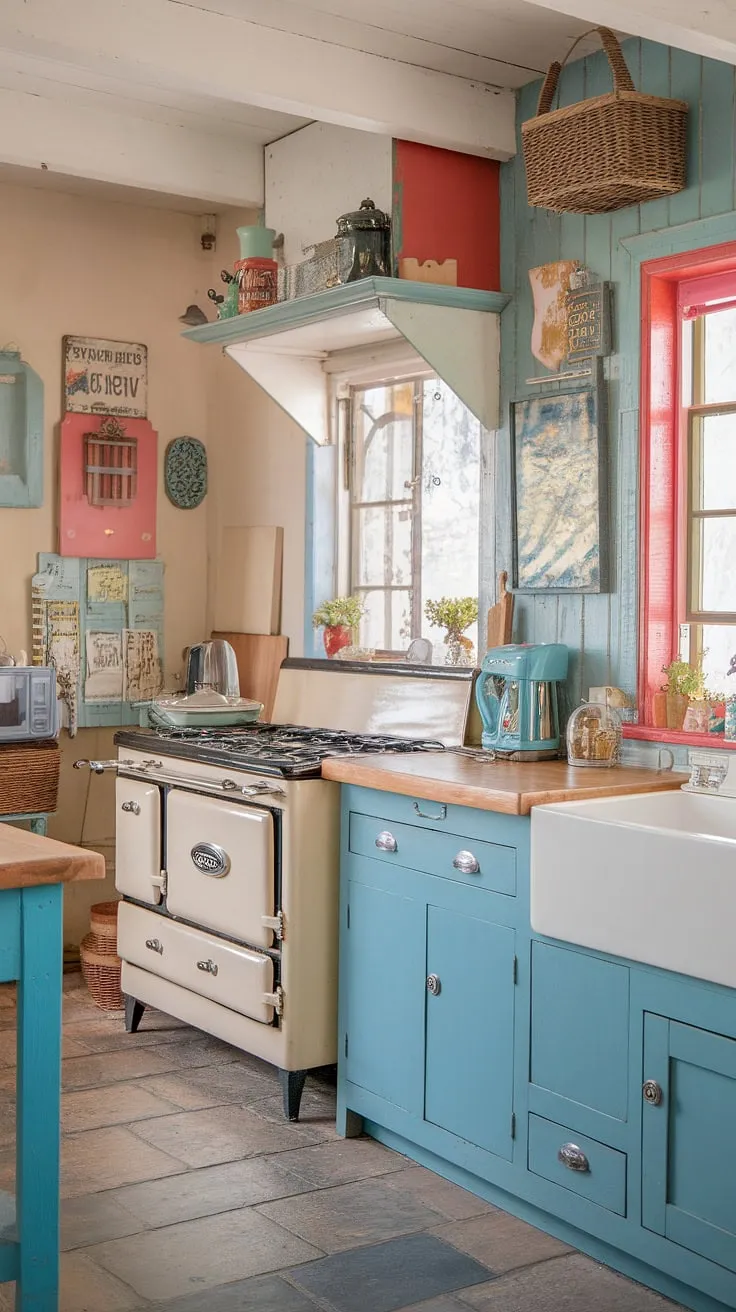 Step back in time in this charming cottage kitchen, where shabby chic meets rustic charm. The blend of white and blue cabinets, vintage stove, and cozy wooden counters creates a space brimming with warmth and character. A perfect haven for creating culinary memories.