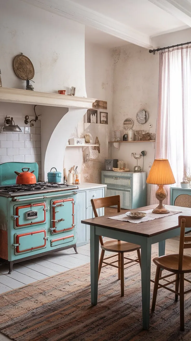 Step back in time in this charming shabby chic apartment. The vintage kitchen, complete with a colorful antique stove and DIY furniture, creates a cozy and inviting atmosphere. A perfect blend of rustic charm and modern comfort, this space is a testament to the beauty of repurposed pieces and a love for all things vintage.
