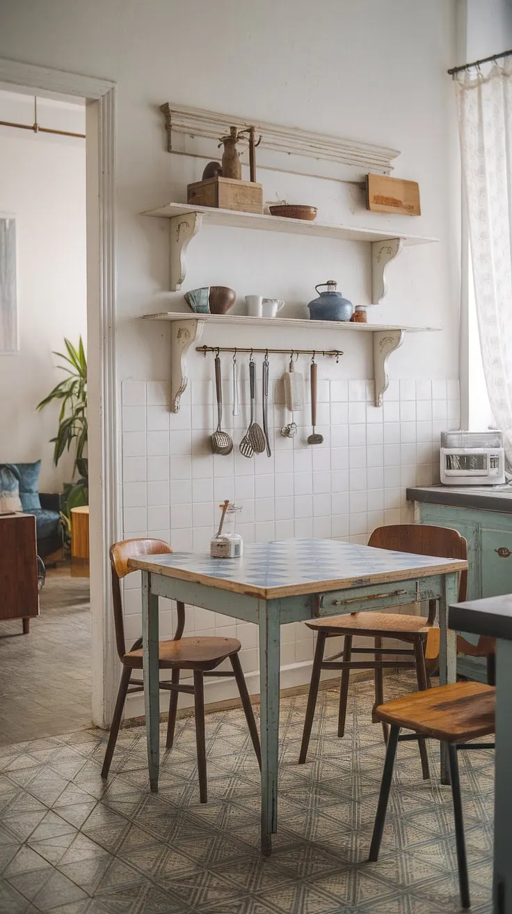 Step back in time in this charming shabby chic apartment. The vintage kitchen, with its blue and white checkered table and distressed white finish, is the perfect spot for a leisurely breakfast. A glimpse of the living room beyond hints at the cozy comfort found throughout this delightful space. A sense of history and warmth permeates every corner.