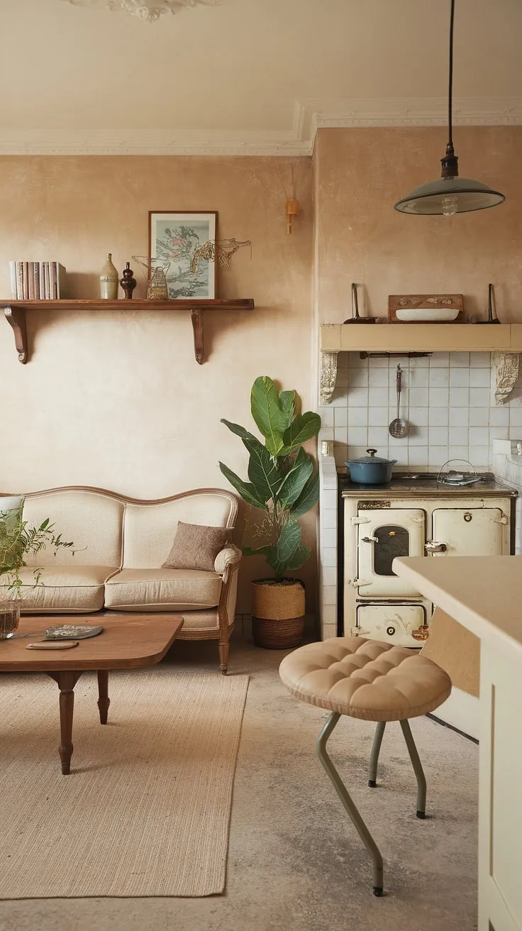 Step into a haven of calm and understated elegance. The soft beige palette, vintage details, and comforting textures create a space that feels both lived-in and utterly charming. A perfect blend of old-world charm and modern comfort, this apartment whispers stories of quiet evenings and cherished moments.