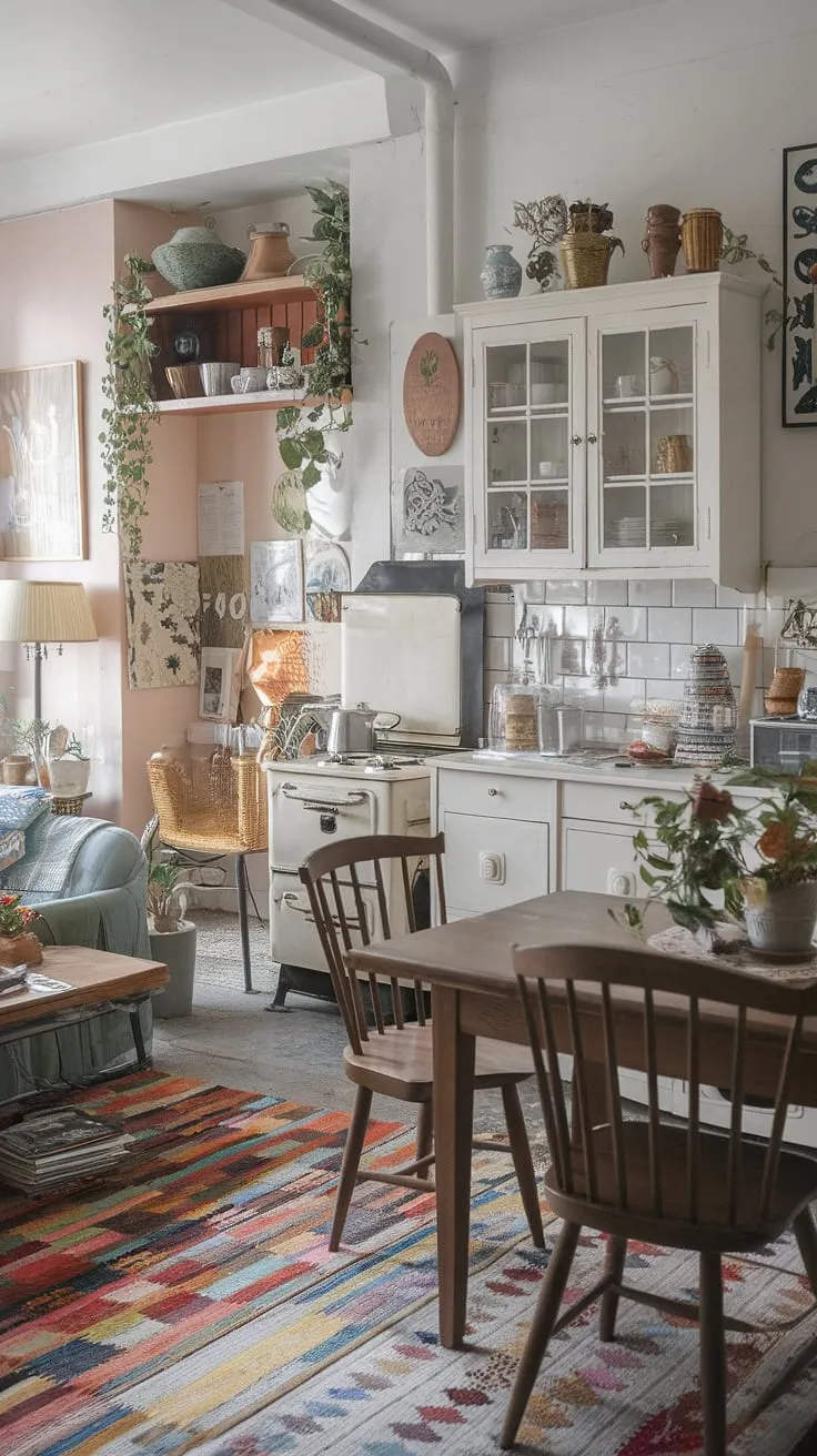 This charming apartment is a testament to the beauty of imperfection. A vintage kitchen, complete with a worn wooden table and a white cabinet showcasing treasured items, anchors the space. The colorful rug and carefully chosen artwork add pops of personality, while the cozy nook provides a quiet retreat. A true reflection of its inhabitant's unique style, this home is a delightful escape from the ordinary.