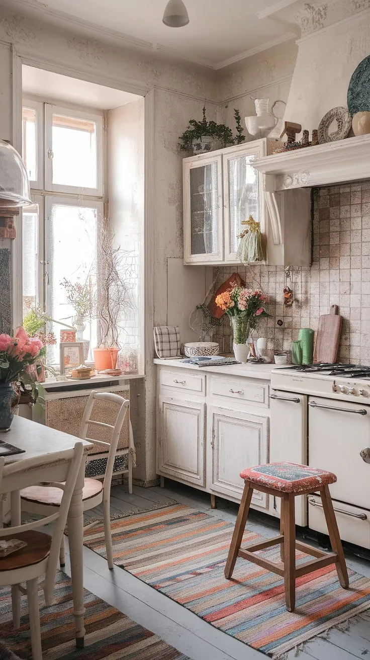 This isn't just a kitchen; it's a haven. Distressed white furniture and a rustic tile backsplash create a wonderfully shabby chic aesthetic. The addition of colorful textiles and flourishing plants brings a touch of whimsy and warmth, making it the perfect space for creating memories and enjoying life's simple pleasures.