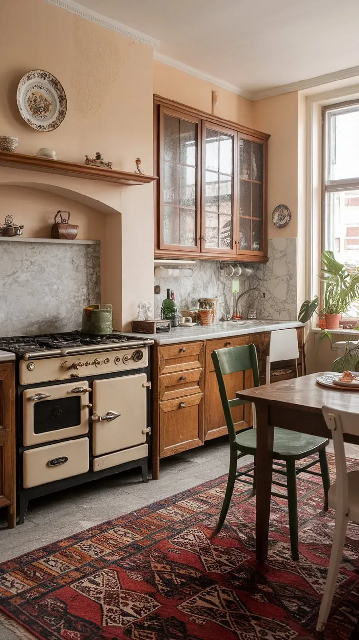 This shabby chic kitchen is a dream. The aged wood cabinetry, paired with the gleaming marble countertop and vintage stove, exudes character and warmth. A delightful space to gather, the green and white chairs at the wooden table invite conversation and relaxation. The overall ambiance is simply perfect.