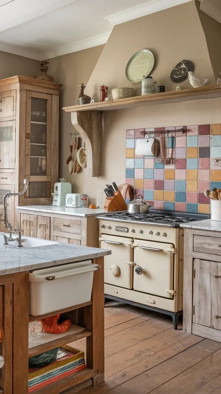 This rustic kitchen is a dream come true. A symphony of textures and colors, from the worn wooden cabinets to the vibrant tile backsplash, creates a space that's both beautiful and functional. The vintage stove and marble countertops add a touch of elegance, while the wooden island provides ample workspace. A truly captivating space.