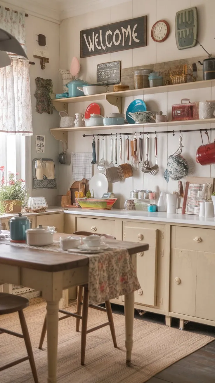 Step into this charming shabby chic cottage kitchen, where vintage finds and country comfort blend seamlessly. The warm wooden table, adorned with colorful utensils and welcoming décor, creates a space perfect for gathering and creating cherished memories. A sense of home awaits.