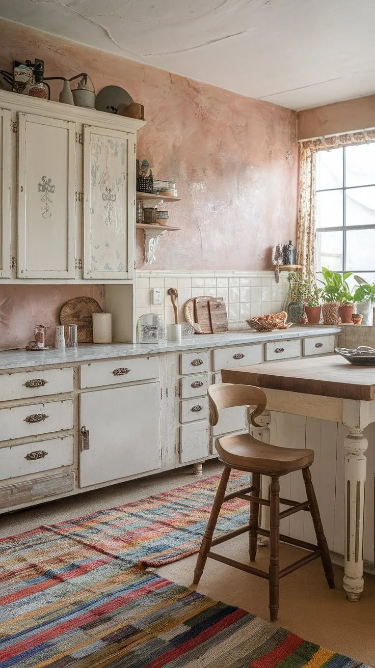 Step into this charming cottage kitchen, where vintage details and a shabby chic aesthetic create a space that's both cozy and inviting. The distressed white cabinets, ornate hardware, and butcher block island add to the home's unique character, while the colorful rug and potted plants bring a touch of life and warmth. A perfect blend of old-world charm and modern comfort.
