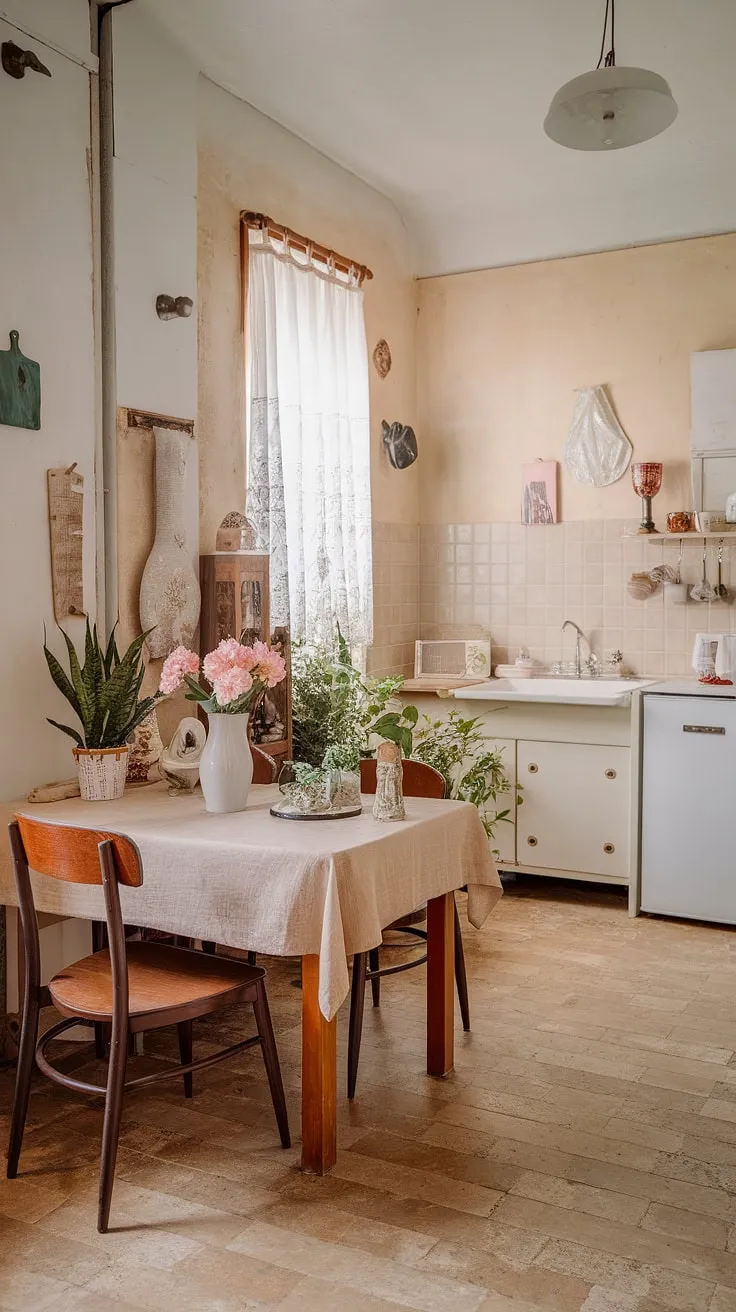 This cozy apartment whispers stories of bygone eras. The vintage kitchen, with its white cabinets and beige backsplash, is a testament to timeless style. A peaceful haven, it invites relaxation and quiet contemplation, enhanced by the delicate pink flowers and the lush greenery on the wooden table. The overall effect is one of understated sophistication and tranquil beauty.
