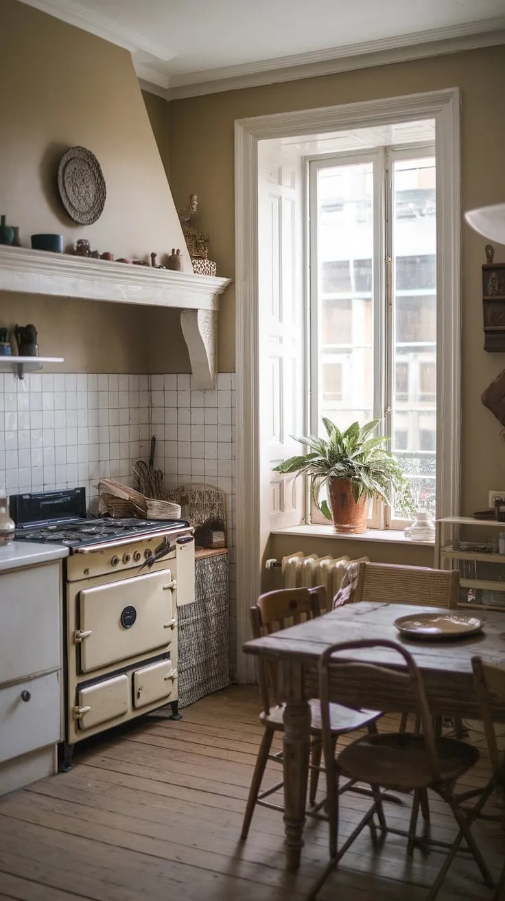 Sunlight streams through the window, illuminating the worn wooden table and vintage range in this cozy, shabby chic kitchen. The air is thick with the scent of home-baked goods, a testament to the warmth and character found within these walls. A simple life, beautifully lived.