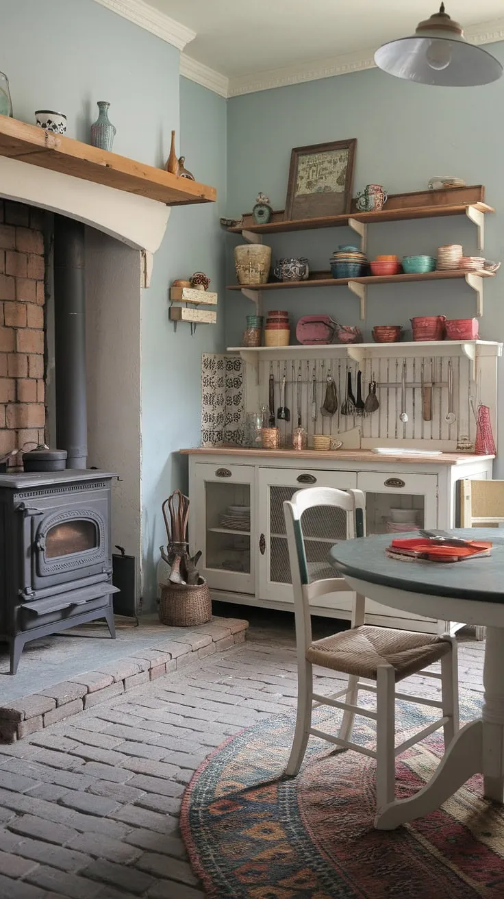Cozy cottage charm meets rustic elegance in this lovingly restored kitchen. The wood-burning stove adds warmth, while the hand-painted white cabinets and colorful dishware create a cheerful, lived-in feel. A perfect blend of antique finds and DIY details makes this space uniquely inviting. The brick floor and round table complete the scene, offering a comfortable and charming area for gathering.