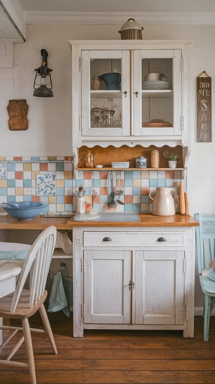 Step into a haven of vintage charm and rustic elegance. This shabby chic kitchen, with its distressed white cabinets and colorful tile backsplash, whispers tales of cozy evenings and heartwarming meals. The aged wood and carefully chosen details create a space that's both inviting and uniquely personal. A perfect blend of old-world charm and modern comfort.
