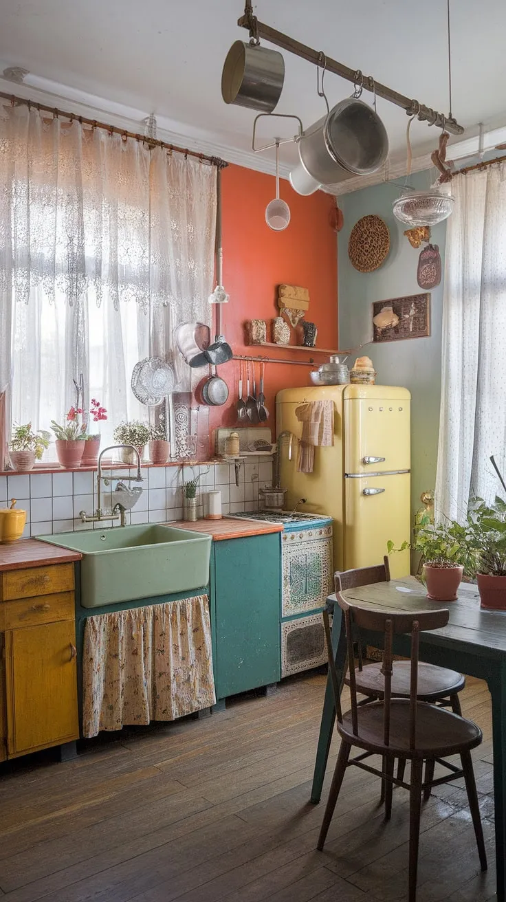 Step back in time in this charmingly shabby chic apartment, where a vibrant vintage kitchen, complete with a cheerful green sink and sunny yellow refrigerator, is the heart of the home. The playful color palette and eclectic collection of hanging pots and pans create a wonderfully nostalgic atmosphere. A testament to the beauty of embracing imperfection and celebrating the past.