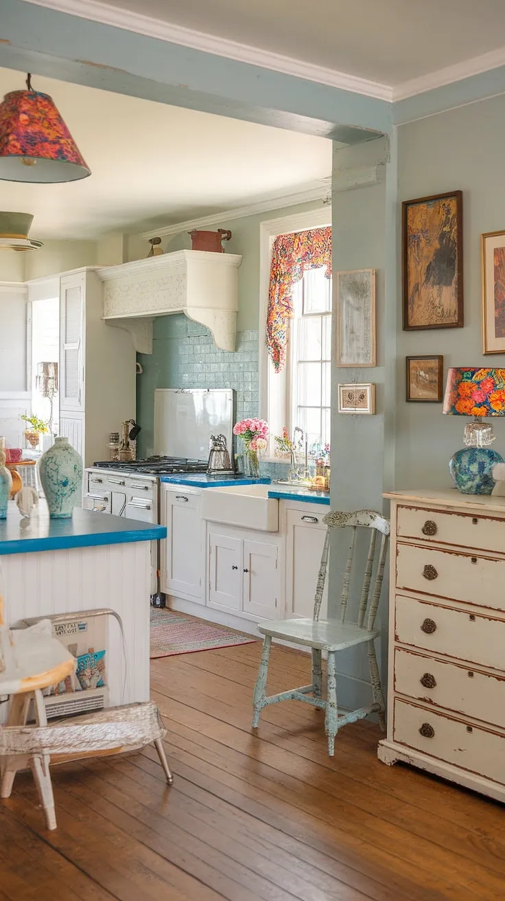 Step into a world of charming imperfection where vintage finds and DIY delights create a cozy haven. The light blue walls and shabby chic furniture, including a repurposed chest of drawers and a unique chair, tell a story of curated comfort and effortless style. A cottage-like kitchen with a blue countertop and vintage stove adds to the enchanting atmosphere. This space is a testament to the beauty of embracing the past and creating a home filled with character.