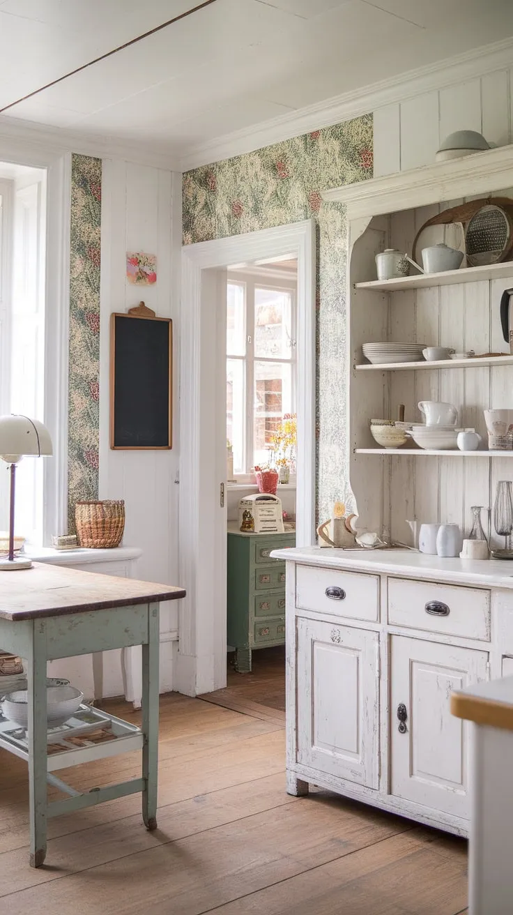 Step back in time in this charming shabby chic kitchen, where antique furniture and floral accents create a space brimming with warmth and vintage appeal. The distressed white cabinetry and rustic wooden table, illuminated by a vintage lamp, tell a story of cherished memories. A colorful chalkboard and patterned walls add personality, while the wooden floors and doorway hint at the cozy adventures awaiting beyond.