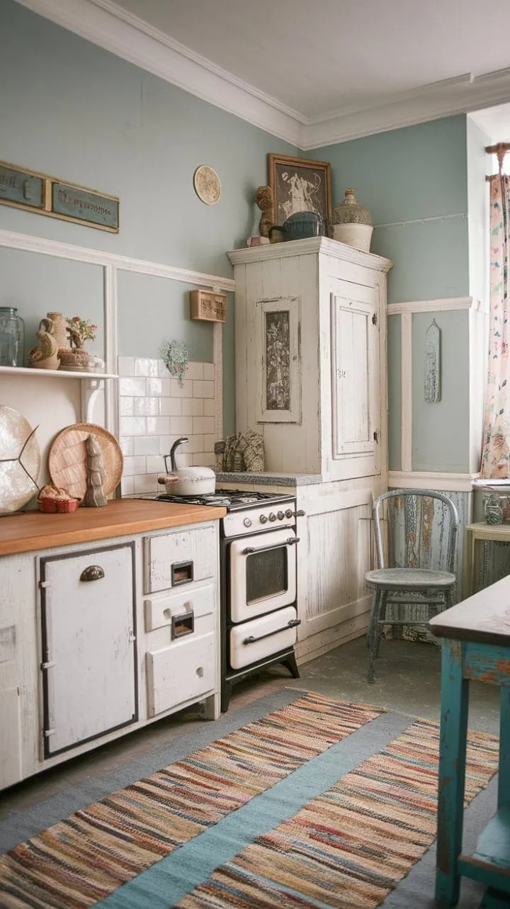 This shabby chic apartment, with its pale blue walls and vintage charm, beautifully celebrates the art of imperfection through its story-rich decor.