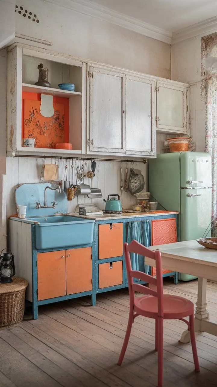 Awakening in a sunlit vintage kitchen, where mismatched hues and cherished details create a harmonious haven of comfort and joy.