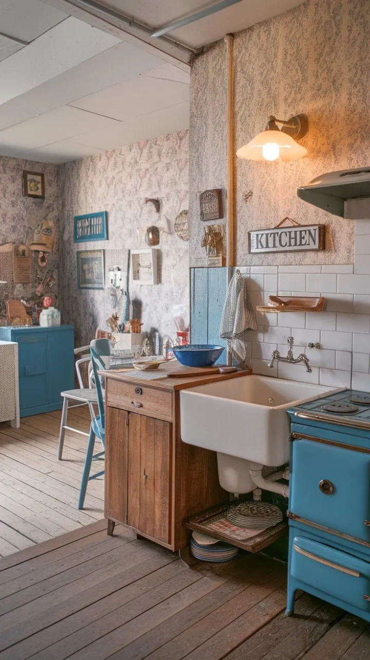This enchanting kitchen, adorned with floral wallpaper and a vintage stove, exudes rustic charm and invites memories of cozy meals and warm gatherings.