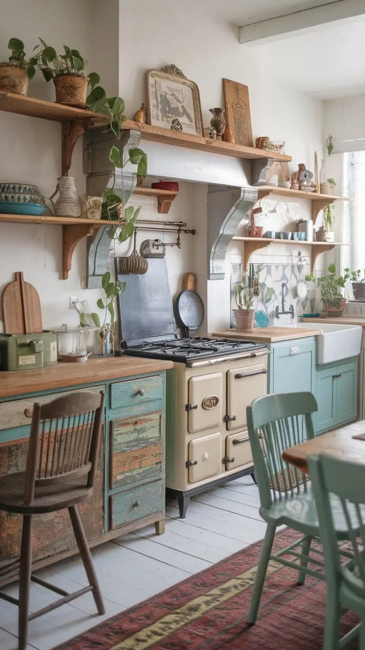 This charming kitchen, adorned with repurposed treasures and hand-painted details, beautifully embodies the artistry of shabby chic style and creative curation.