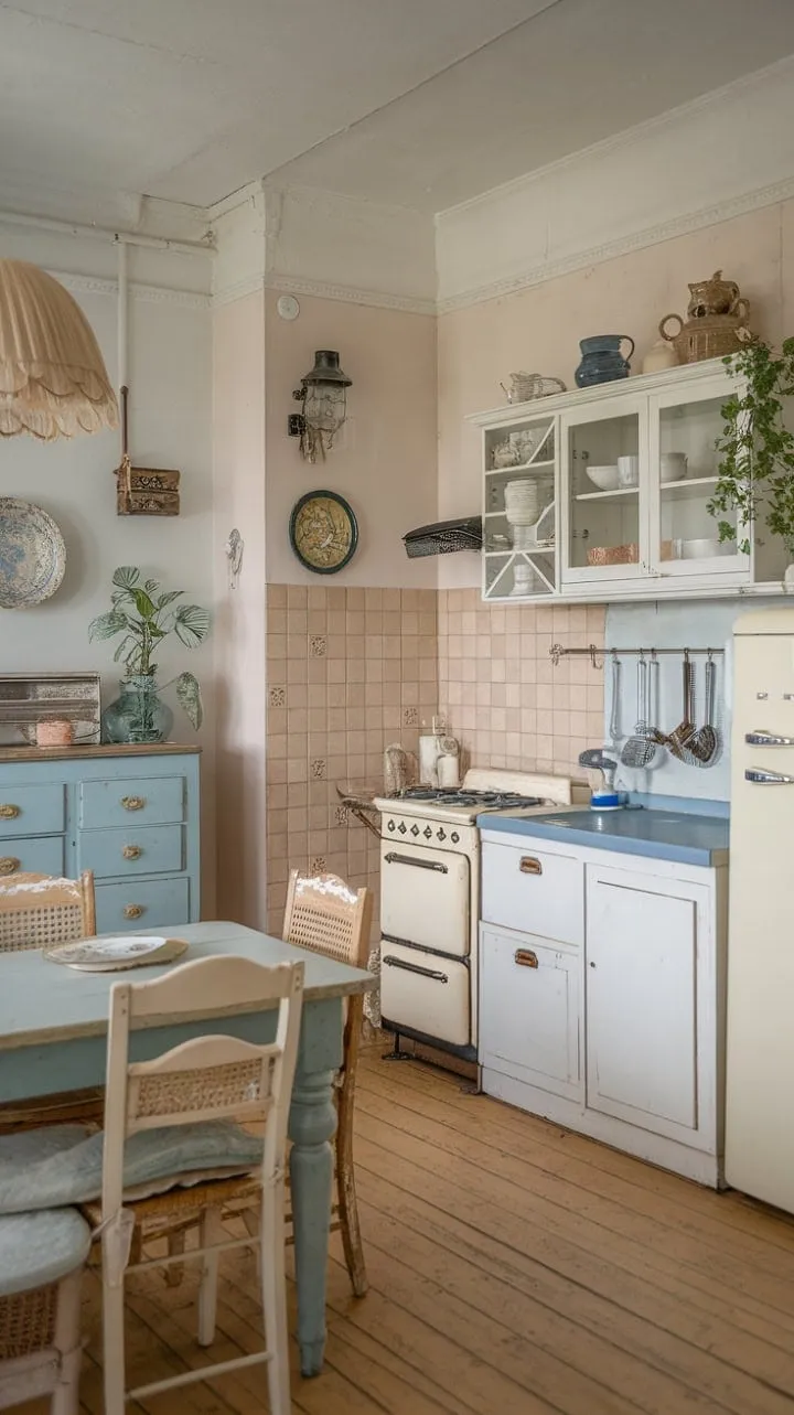 Sunlight dances through this charming shabby chic apartment, highlighting its vintage kitchen's soothing palette and nostalgic elegance.