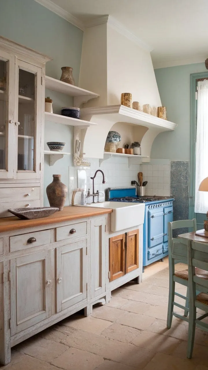 This enchanting kitchen, with its worn white surfaces and vintage charm, serves as a warm haven for cherished memories and timeless stories.