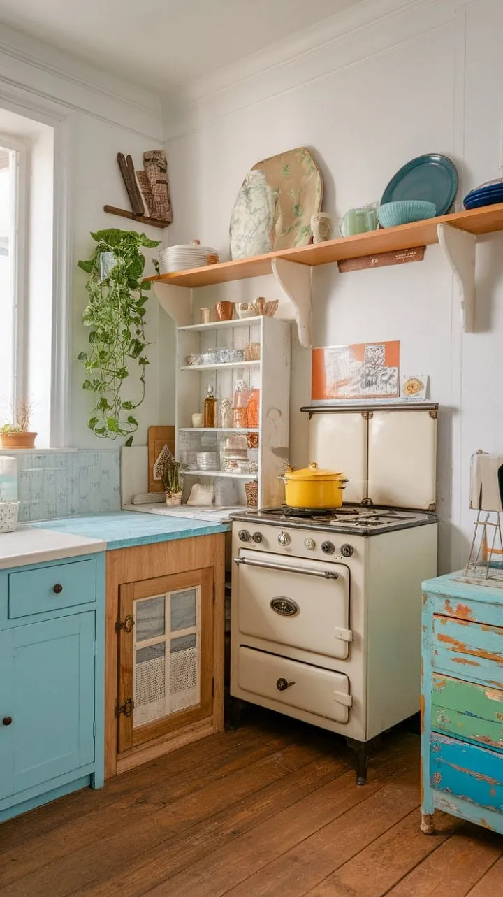 This inviting space harmoniously marries rustic charm with modern comfort, showcasing vibrant vintage accents against a serene backdrop.
