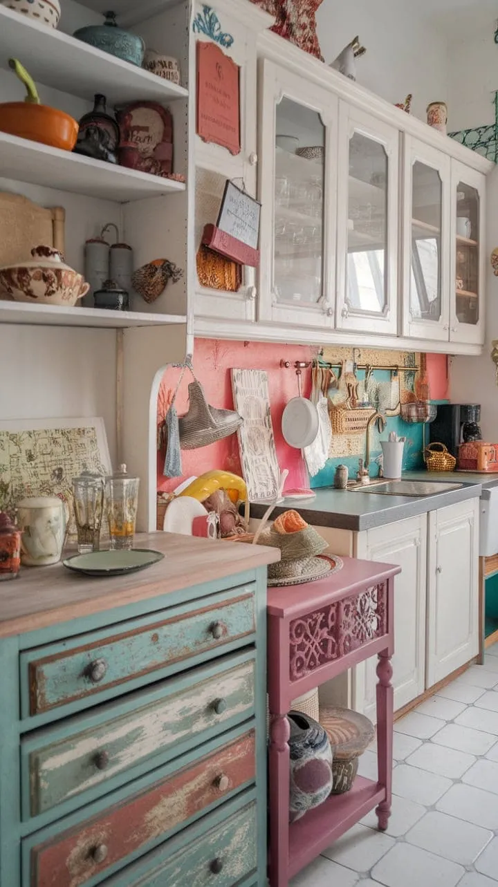 This enchanting cottage kitchen, adorned with a vibrant backsplash and treasured antiques, exudes warmth and personality, inviting memories of joyful gatherings.