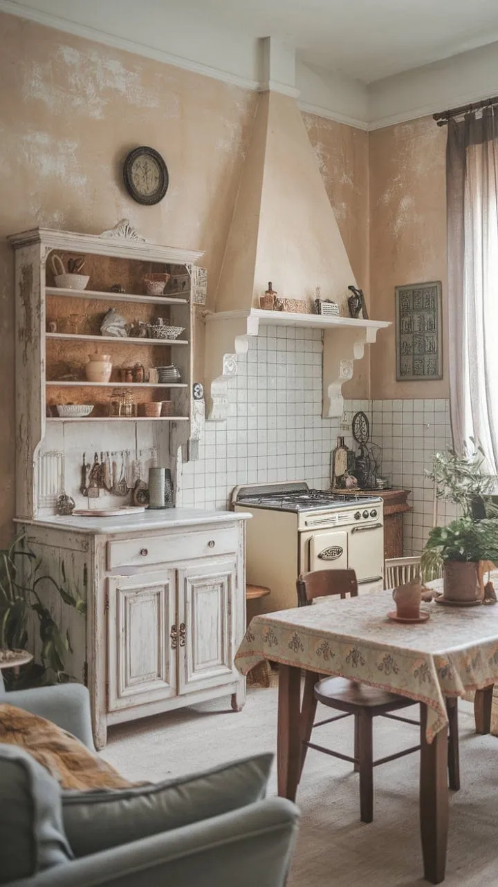 In this vintage kitchen, every charming imperfection tells a story, creating a cozy haven of rustic elegance.