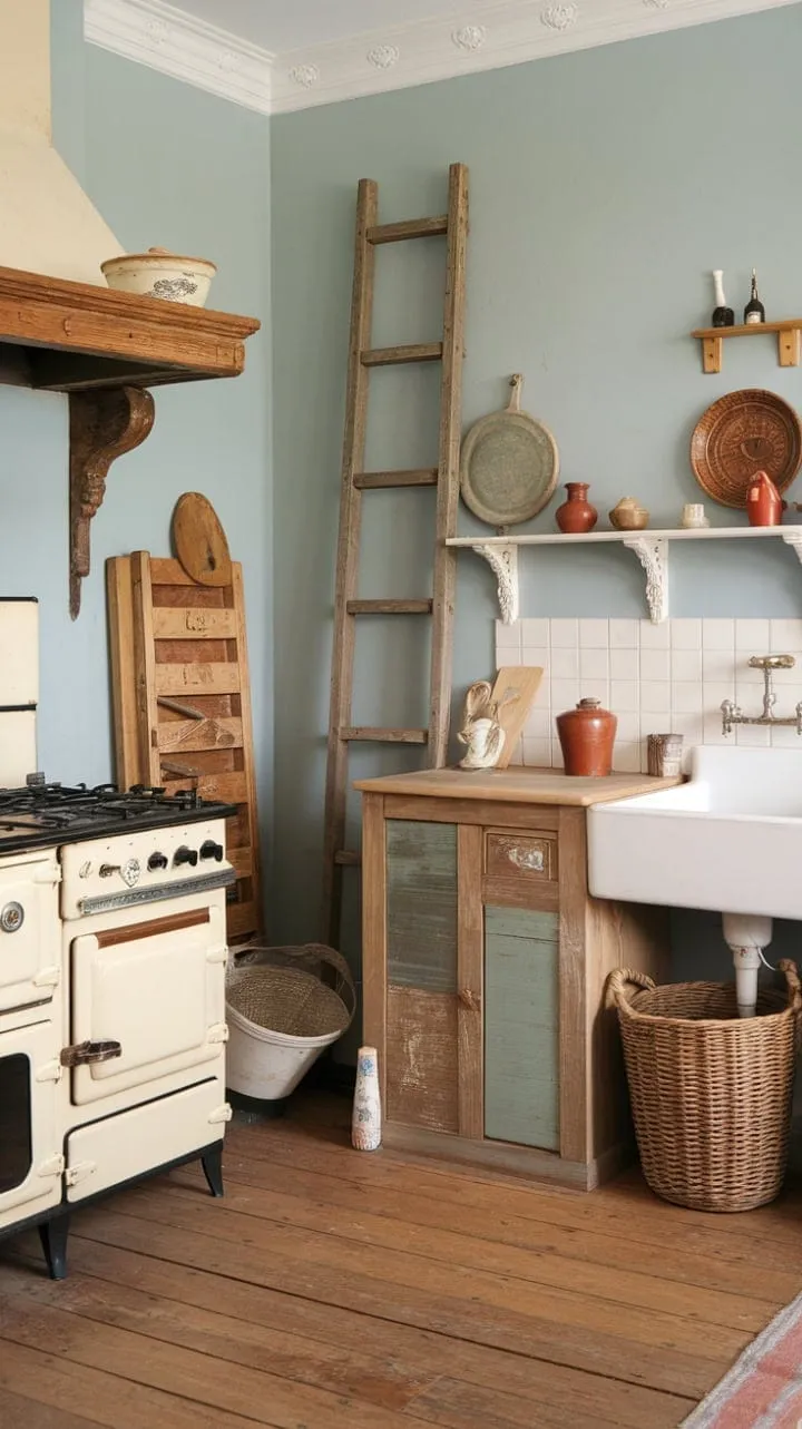 Bathed in sunlight, this charming shabby chic kitchen blends vintage charm with rustic elegance, creating a serene and functional haven.