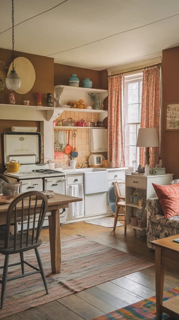 This sunlit apartment beautifully marries shabby chic charm with modern flair, featuring a delightful cottage kitchen that adds to its inviting, personalized ambiance.