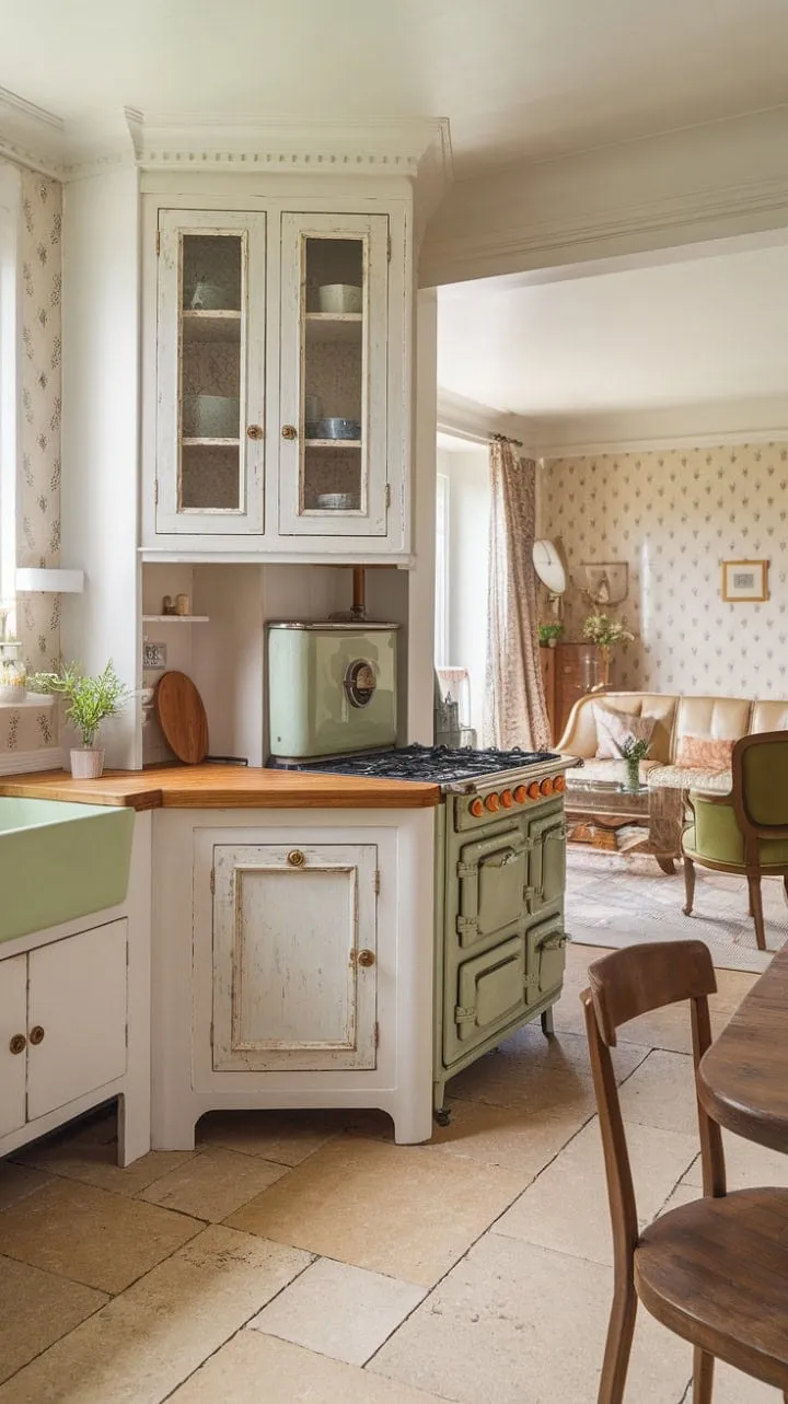 This enchanting cottage kitchen, adorned with aged white cabinets and a cheerful green sink, invites nostalgia and warmth, making it a delightful haven for cherished memories.
