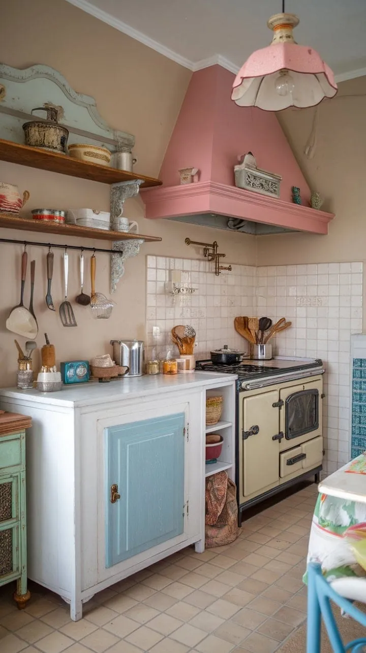 This delightful kitchen, adorned with pale walls and vibrant accents, exudes a cozy charm that celebrates the beauty of imperfection through its vintage stove and eclectic cabinets.