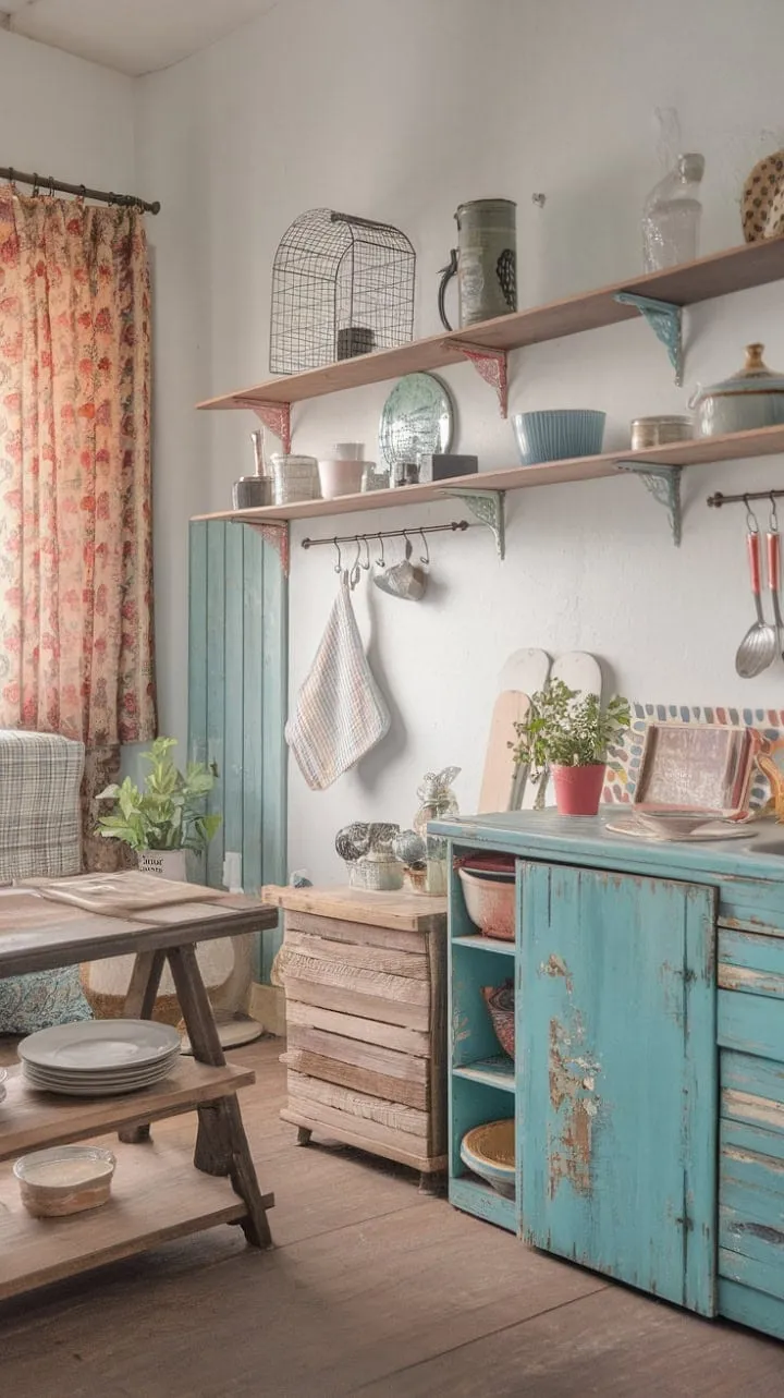 This enchanting kitchen, with its warm whitewashed walls and whimsical vintage touches, serves as the heart of a home alive with cozy gatherings and cherished memories.