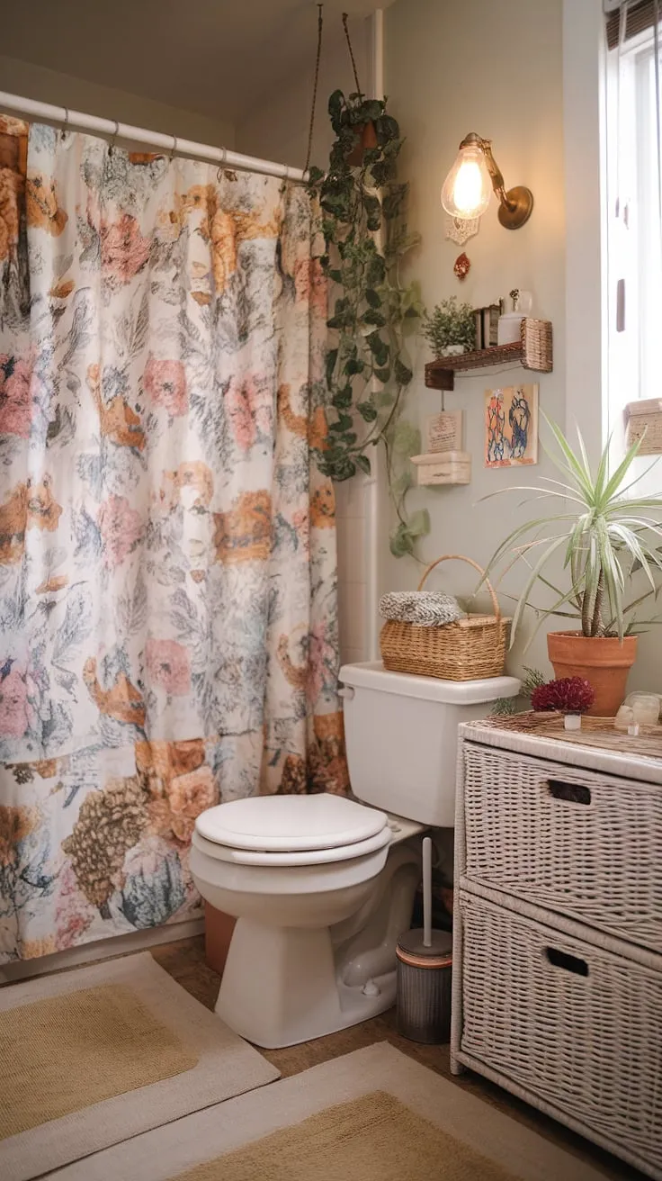 This tiny college bathroom proves that cozy and stylish can coexist. A floral shower curtain, vintage lamp, and a few well-placed plants transform a small space into a nostalgic haven. Even the toilet brush holder feels charming.
