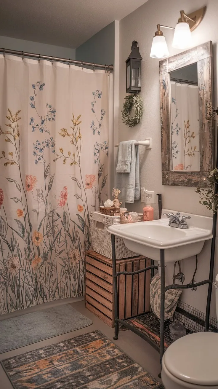 My little college sanctuary. A vintage sink, floral shower curtain, and a few well-chosen decorations transform this tiny bathroom into a haven. It's proof that even with limited space, you can create a warm and inviting atmosphere. A testament to making the most of what you have.