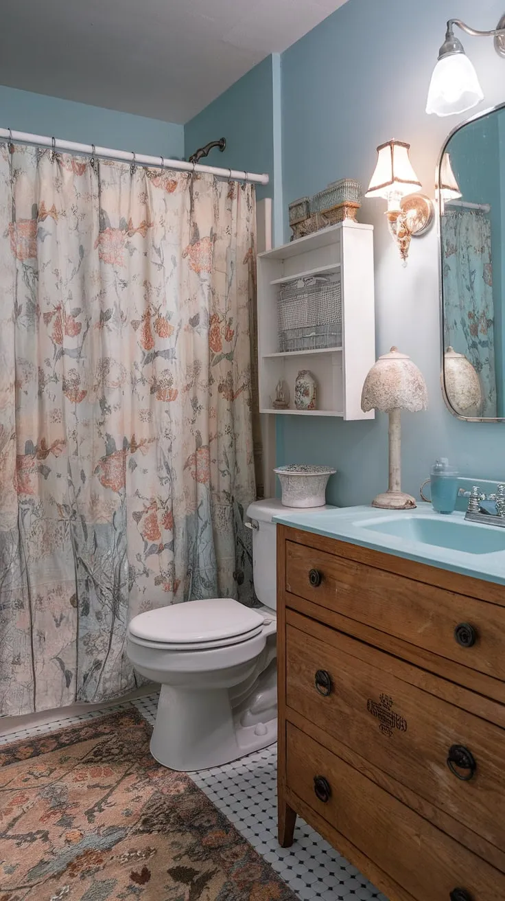 This shabby chic college bathroom proves that even a small space can be a stylish sanctuary. The floral shower curtain, vintage lamp, and patterned rug add a touch of personality and charm, transforming a utilitarian space into a cozy retreat. A testament to making the most of what you have.