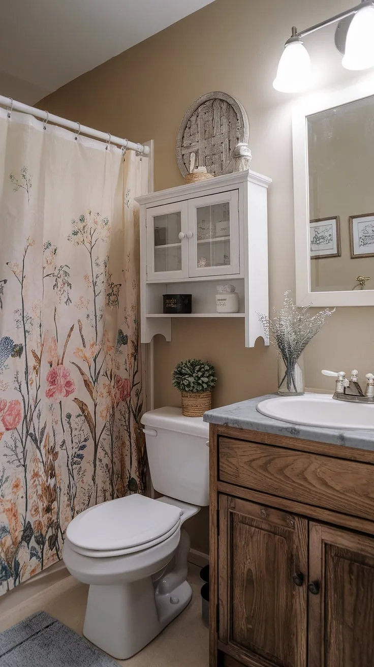 This little bathroom is my sanctuary. A mix of thrifted finds and a little DIY magic transformed this beige box into a charming space. The floral shower curtain and vintage sink add personality, proving that even a college apartment can have style.