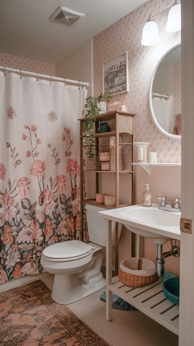My college apartment bathroom: proof that shabby chic can thrive even in a tiny space. The floral shower curtain, vintage sink, and little potted plant bring a touch of home to my A-list study spot.