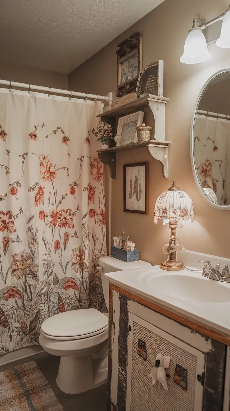 A tiny bathroom transformed. This dorm room oasis showcases how a few carefully chosen vintage pieces-a floral shower curtain, a charming lamp, and decorative accents-can create a surprisingly spacious and stylish shabby-chic haven. A perfect blend of comfort and personality.