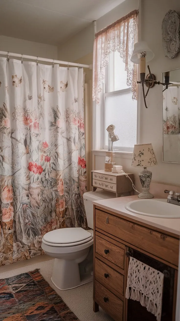 Dorm room chic? This shabby-chic bathroom proves that even a small space can be a stylish sanctuary. The floral shower curtain, vintage lamp, and charming wooden vanity create a surprisingly sophisticated atmosphere. A testament to the power of personal touches and clever decorating, this space feels both cozy and unexpectedly elegant.